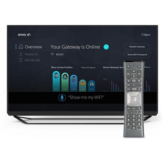 Xfinity Internet information displayed on TV behind X1 Remote